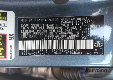 2015 Toyota Corolla Le Eco z USA, uszkodzony, nr VIN 2T1BPRHE2FC440860